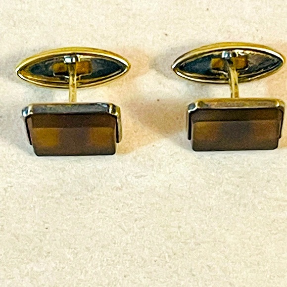 875 Sterling Silver Cufflinks VTG SMOKY QUARTZ GEMSTONE USSR Light  Brown - Picture 1 of 7
